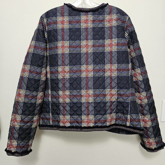 Crown & Ivy Navy Plaid Puffer Quilted Jacket Quilted Zip Front Fringe Pockets L - Picture 2 of 10